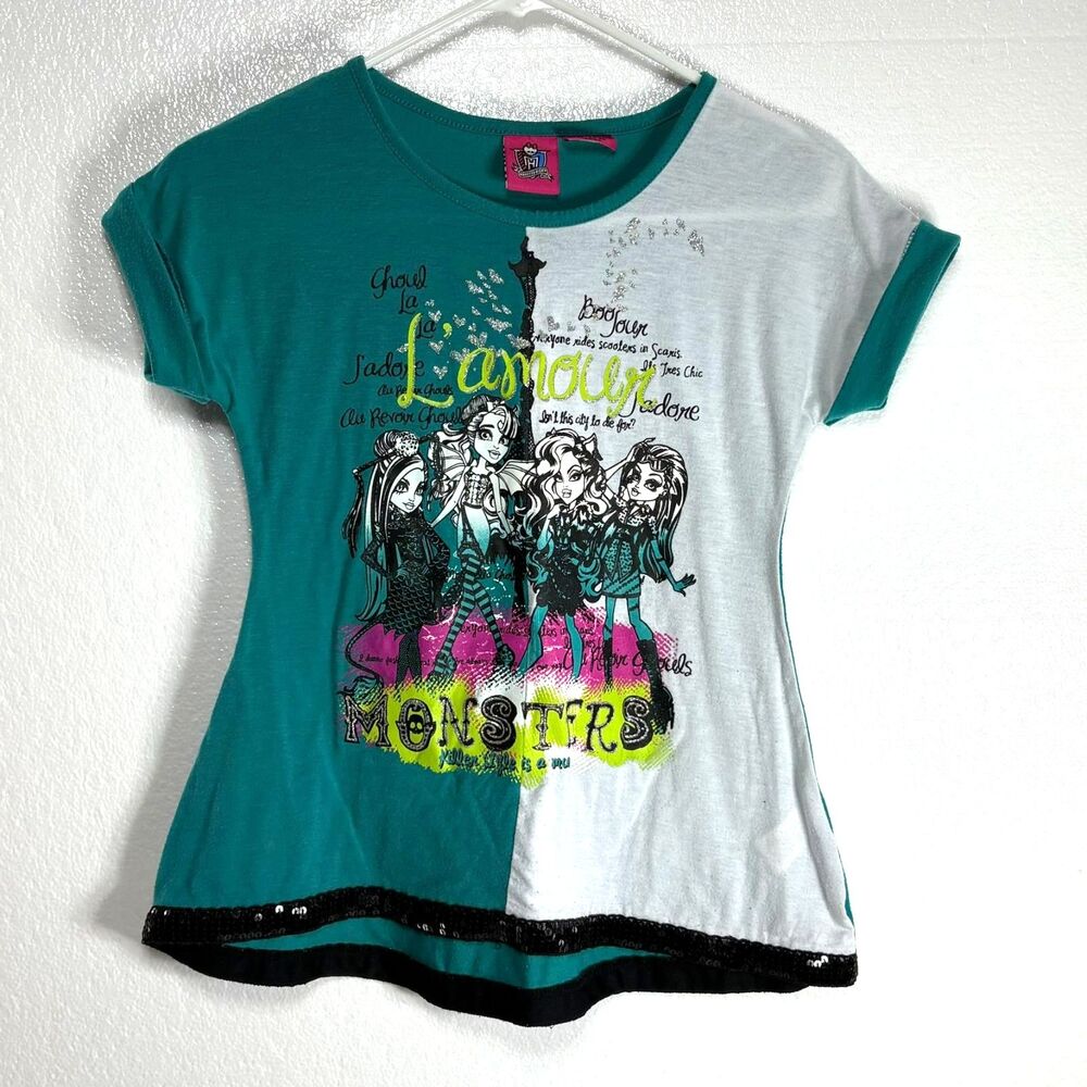 Monster High Girls Vintage 2000's Printed Rolled Cuff Top Shirt Glitter Size 7-8